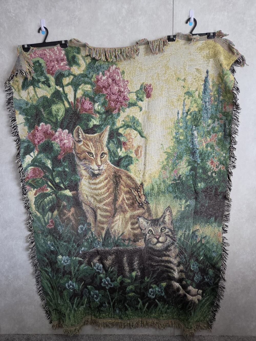 VTG Tapestry Cats 68×48 Throw Kitten Blanket Signed Picken 1996